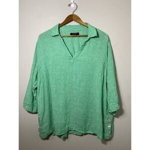 Tahari Green Collared Button Sides 3/4 Sleeve 100% Linen Tunic Top Women Size 1X